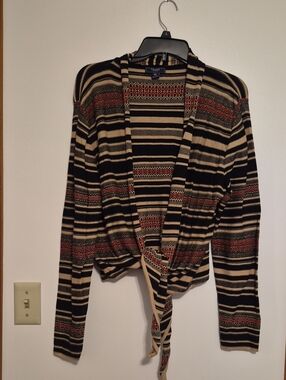 Chaps Black, Cream & Rust Striped Tie-Front Cardigan SZ L
